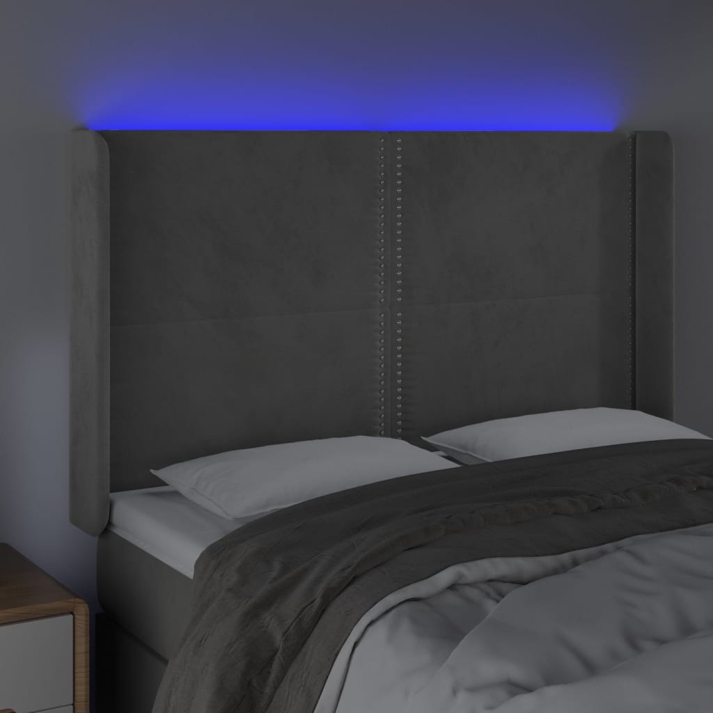 sengegavl med LED-lys 147x16x118/128 cm fløjl lysegrå