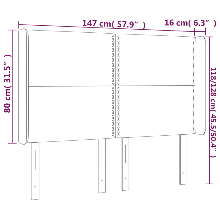 sengegavl med LED-lys 147x16x118/128 cm fløjl lysegrå