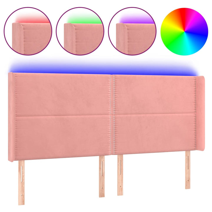 sengegavl med LED-lys 163x16x118/128 cm fløjl lyserød