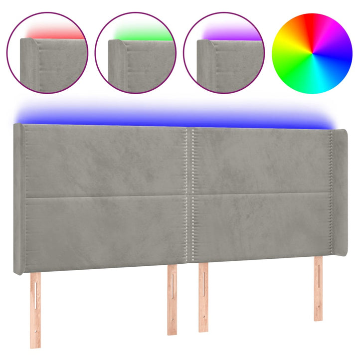 sengegavl med LED-lys 203x16x118/128 cm fløjl lysegrå