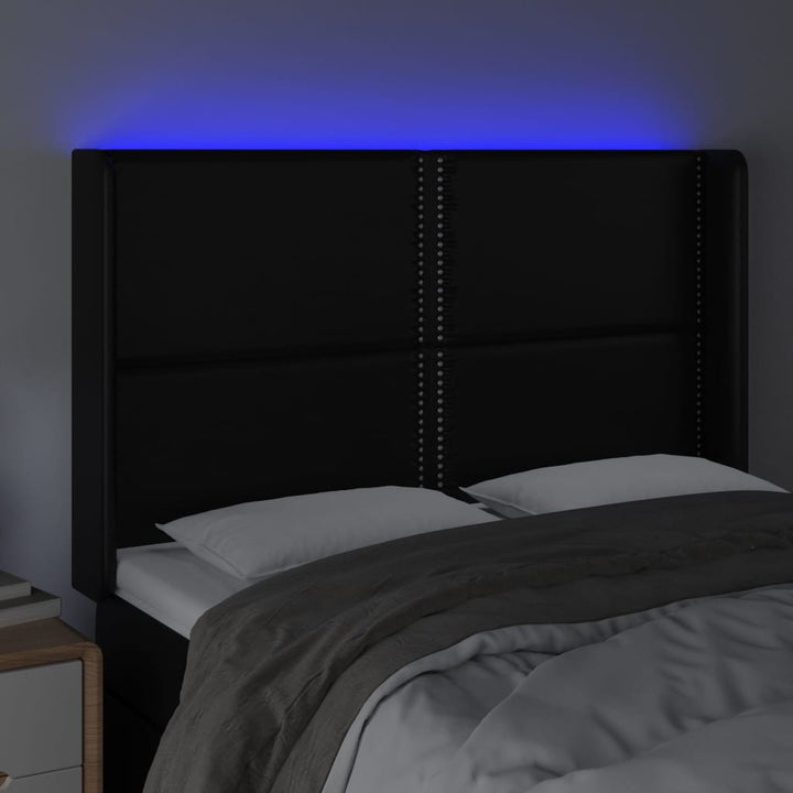 sengegavl med LED-lys 147x16x118/128 cm kunstlæder sort