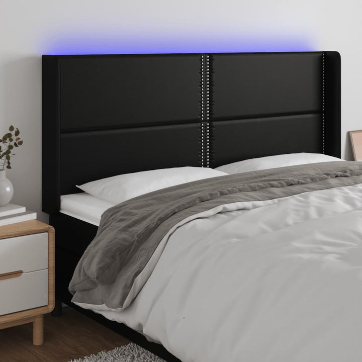 sengegavl med LED-lys 203x16x118/128 cm kunstlæder sort