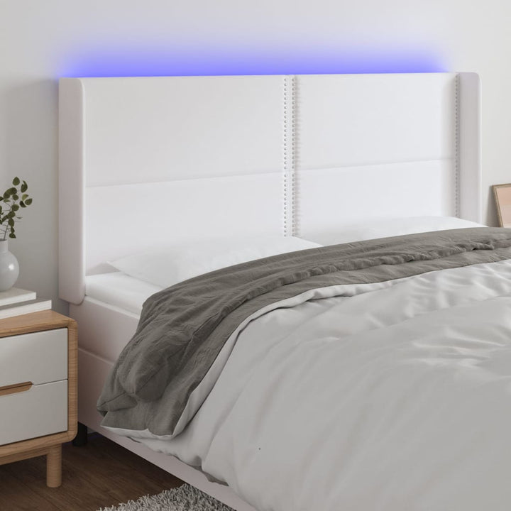 sengegavl med LED-lys 203x16x118/128 cm kunstlæder hvid