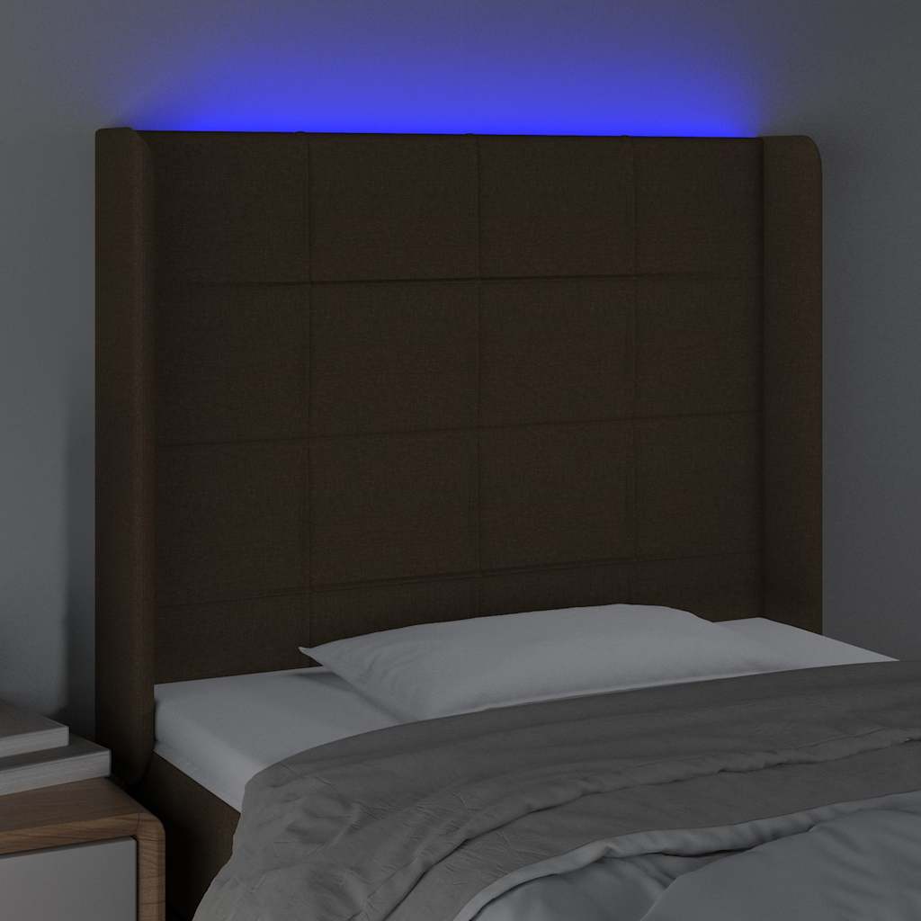 sengegavl med LED-lys 83x16x118/128 cm stof mørkebrun
