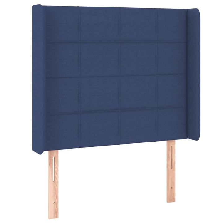 sengegavl med LED-lys 83x16x118/128 cm stof blå