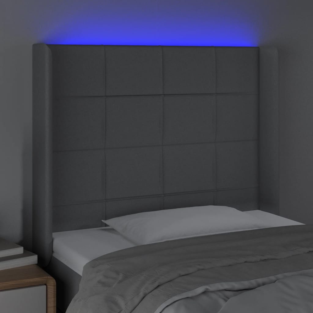 sengegavl med LED-lys 93x16x118/128 cm stof lysegrå