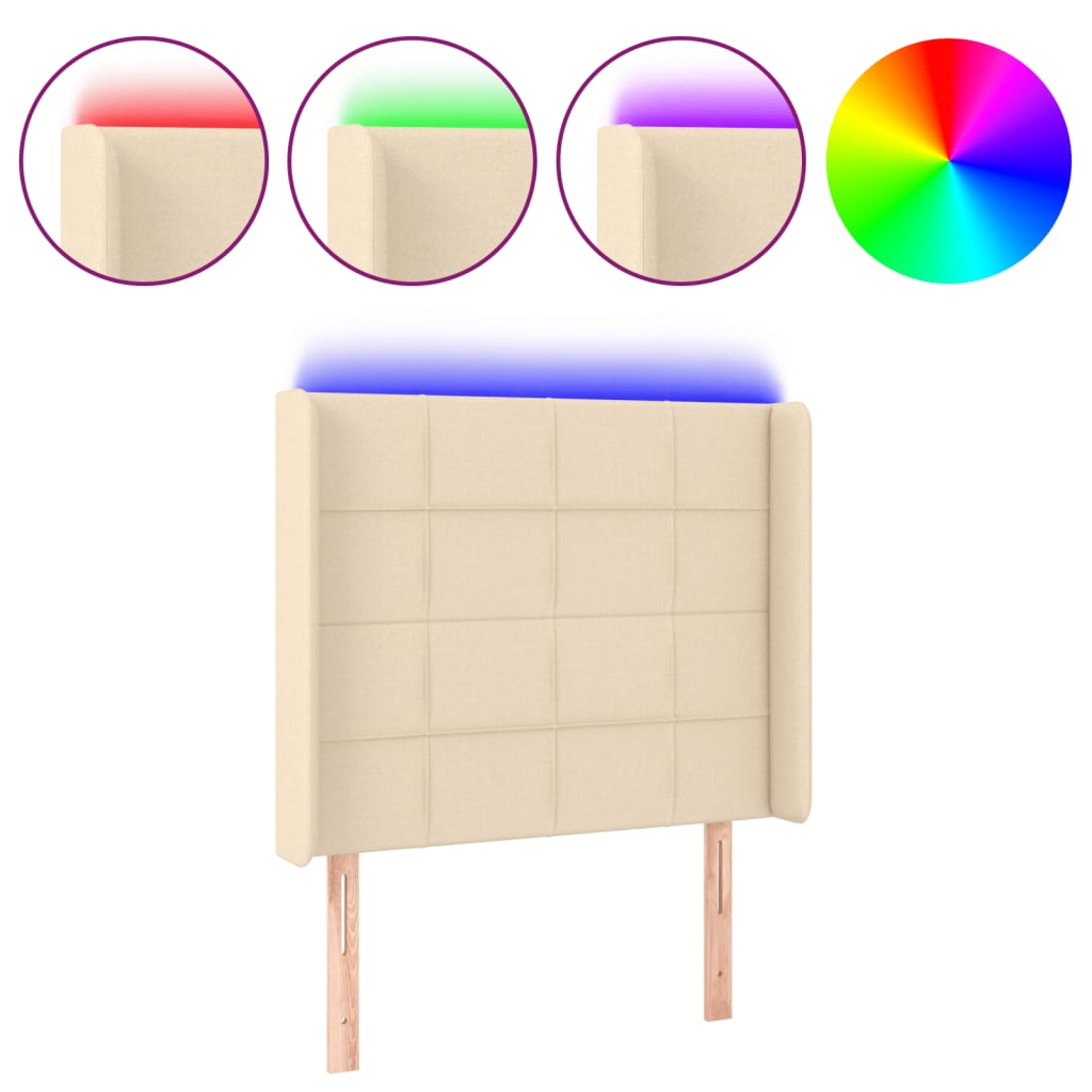sengegavl med LED-lys 93x16x118/128 cm stof cremefarvet