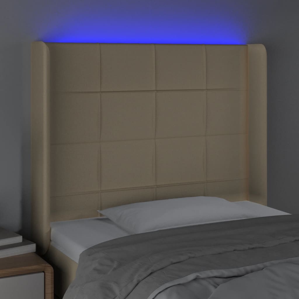 sengegavl med LED-lys 93x16x118/128 cm stof cremefarvet
