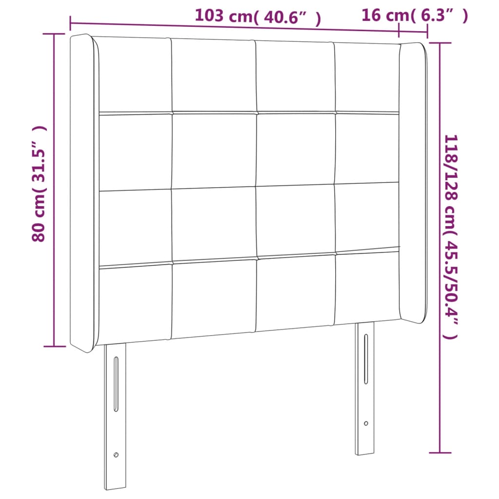 sengegavl med LED-lys 103x16x118/128 cm stof lysegrå