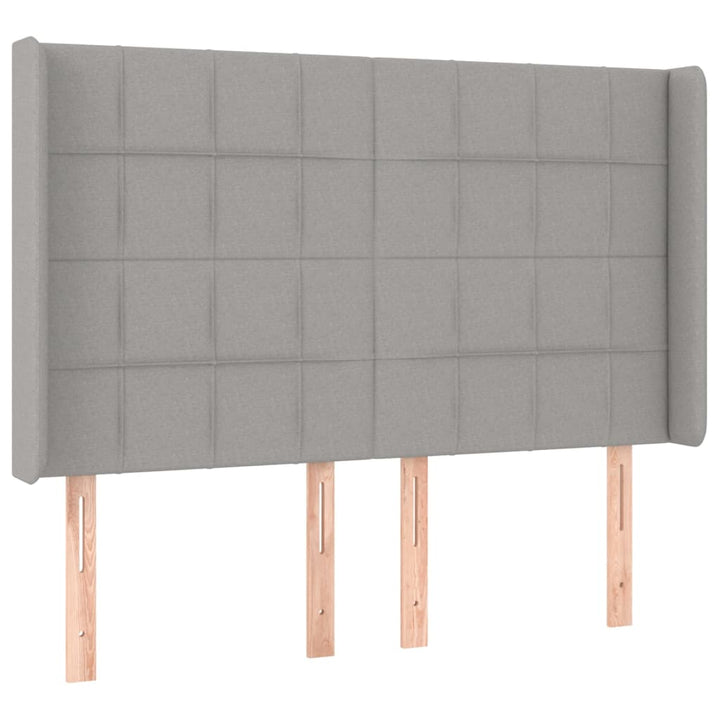 sengegavl med LED-lys 147x16x118/128 cm stof lysegrå