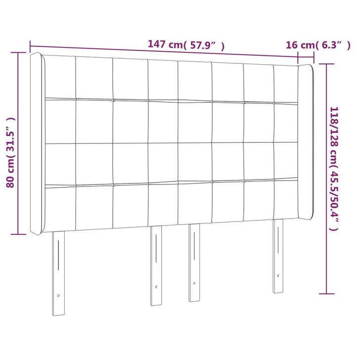 sengegavl med LED-lys 147x16x118/128 cm stof mørkebrun