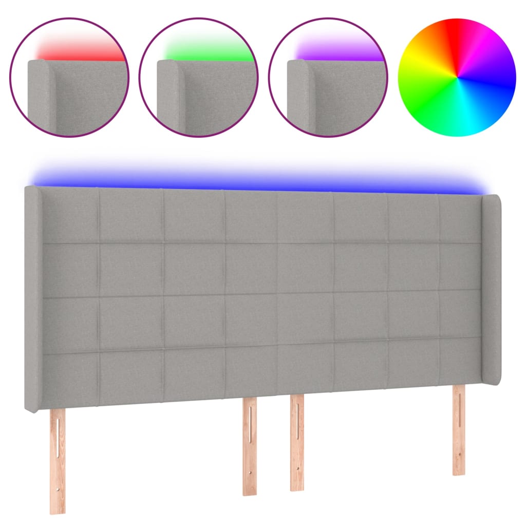 sengegavl med LED-lys 163x16x118/128 cm stof lysegrå