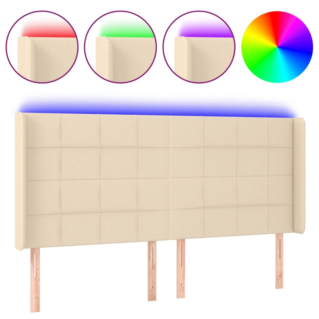 sengegavl med LED-lys 163x16x118/128 cm stof cremefarvet