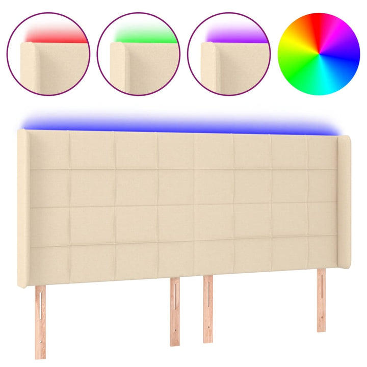 sengegavl med LED-lys 163x16x118/128 cm stof cremefarvet