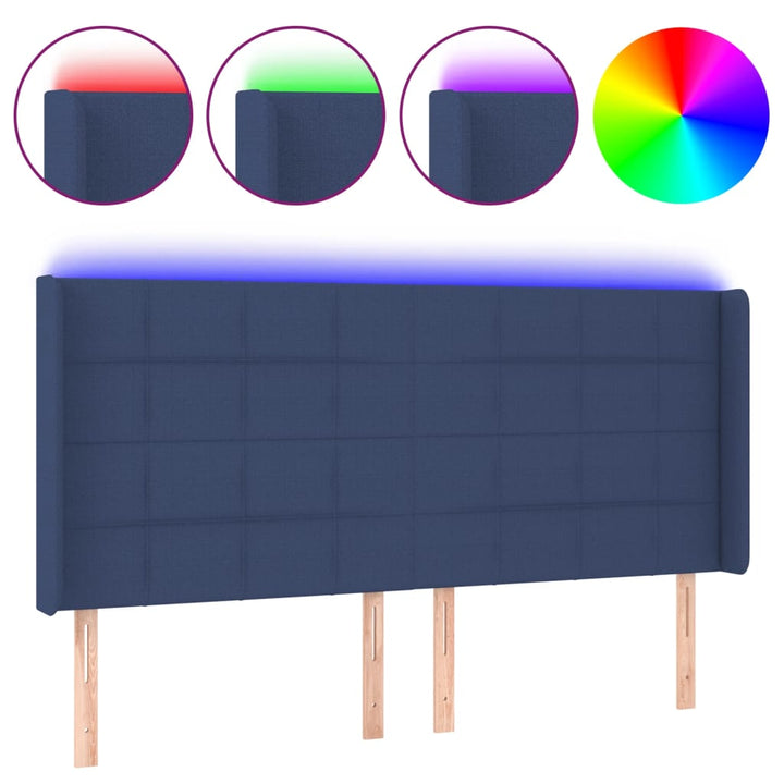 sengegavl med LED-lys 183x16x118/128 cm stof blå
