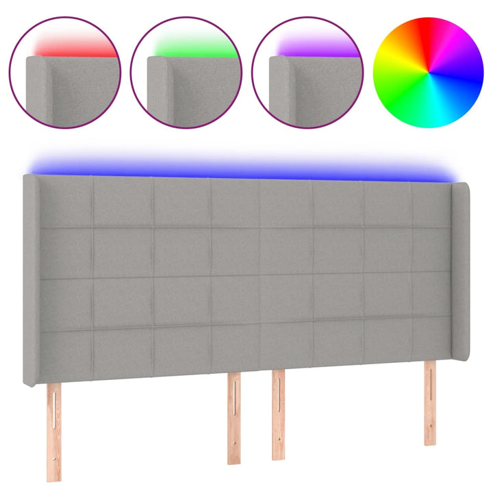 sengegavl med LED-lys 203x16x118/128 cm stof lysegrå
