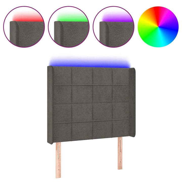 sengegavl med LED-lys 93x16x118/128 cm fløjl mørkegrå