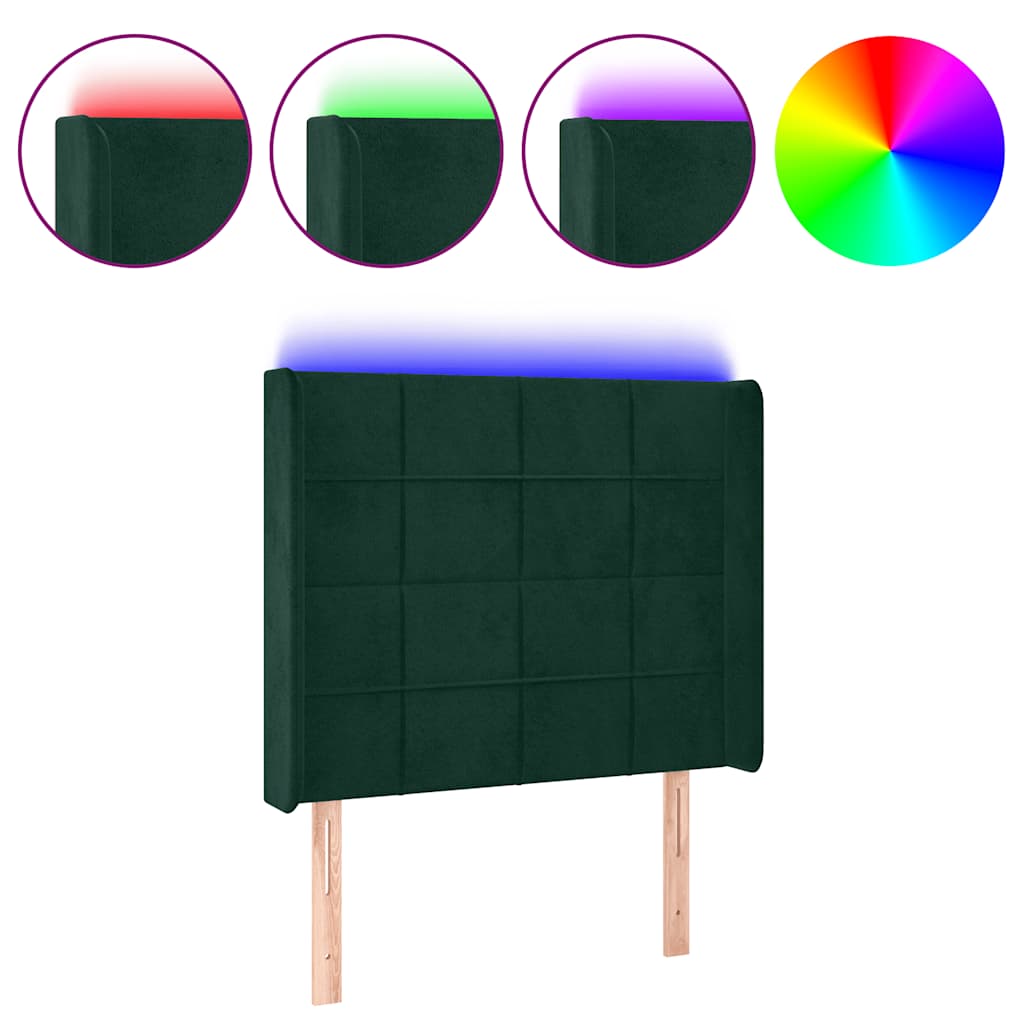 sengegavl med LED-lys 93x16x118/128 cm fløjl mørkegrøn