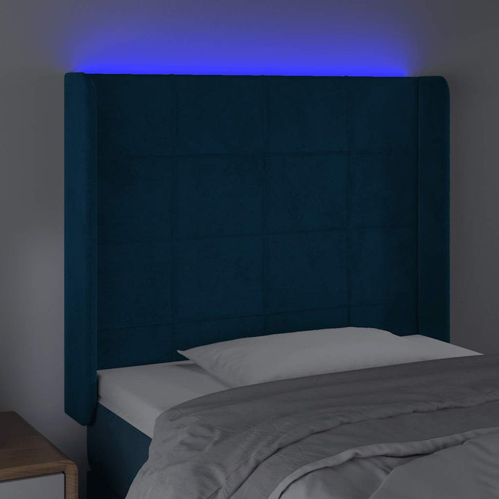 sengegavl med LED-lys 93x16x118/128 cm fløjl mørkeblå