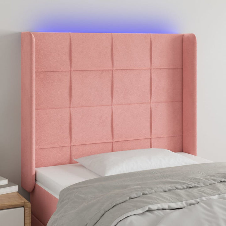 sengegavl med LED-lys 103x16x118/128 cm fløjl lyserød