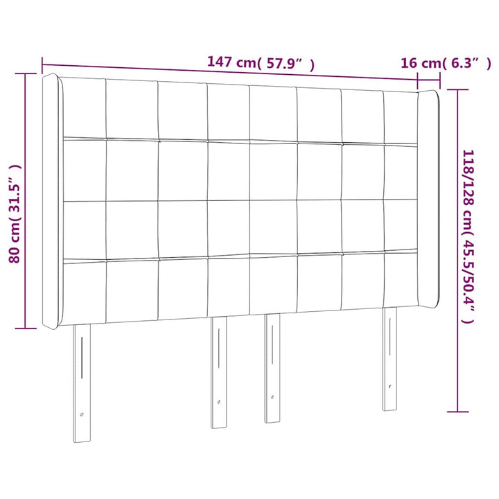 sengegavl med LED-lys 147x16x118/128 cm fløjl mørkeblå