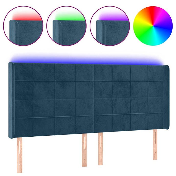 sengegavl med LED-lys 163x16x118/128 cm fløjl mørkeblå