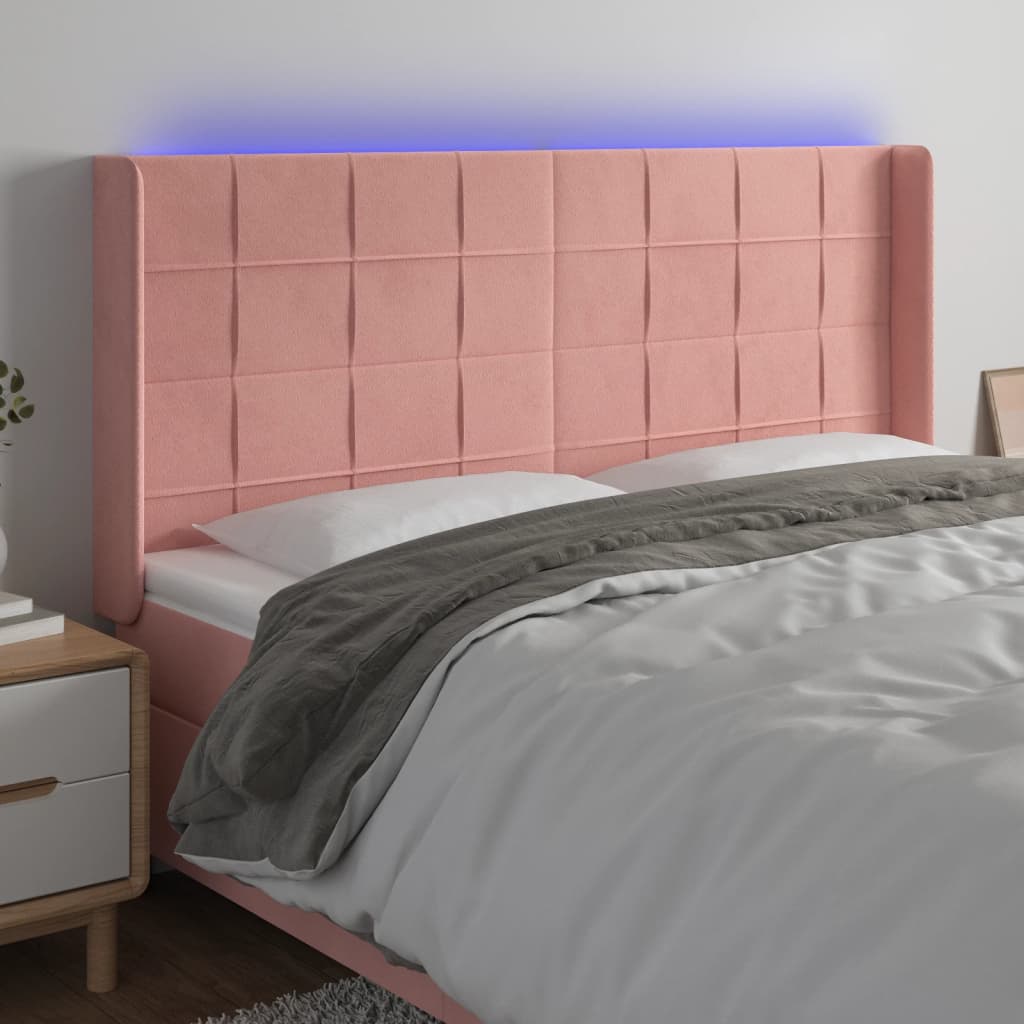 sengegavl med LED-lys 163x16x118/128 cm fløjl lyserød