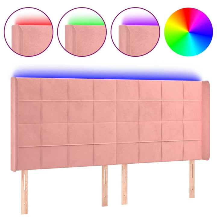 sengegavl med LED-lys 183x16x118/128 cm fløjl lyserød