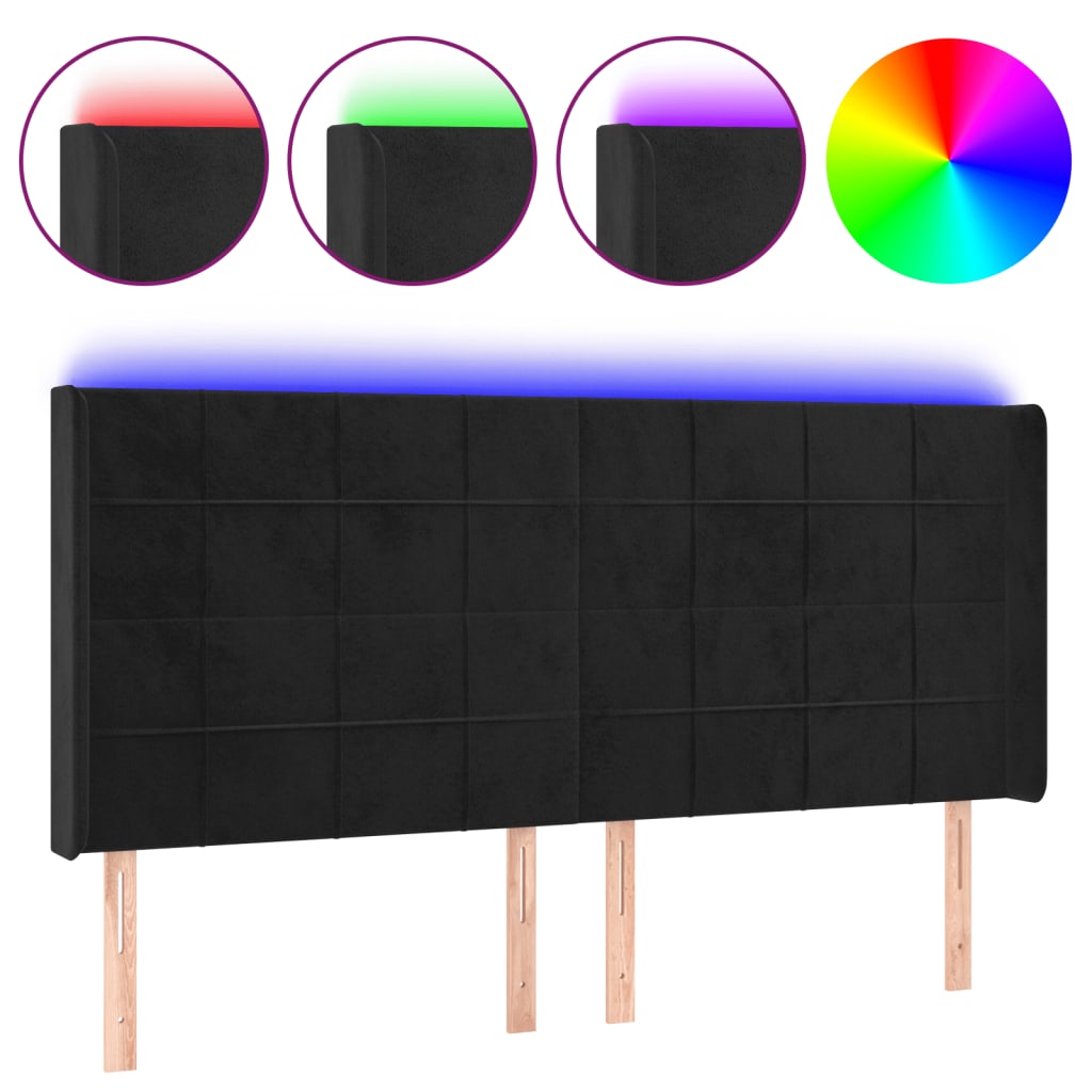sengegavl med LED-lys 203x16x118/128 cm fløjl sort