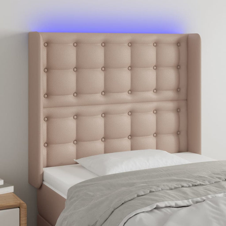 sengegavl med LED-lys 93x16x118/128 cm kunstlæder cappuccino