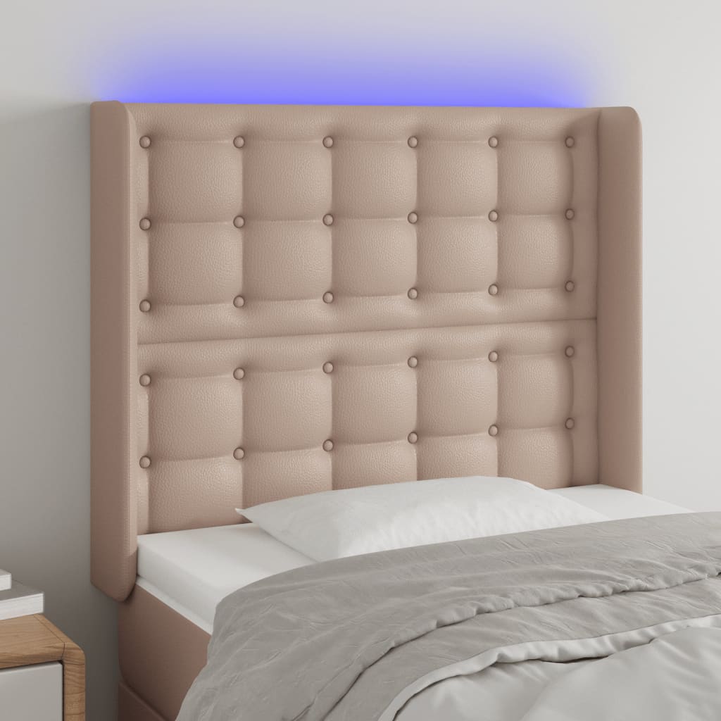 sengegavl med LED-lys 103x16x118/128 cm kunstlæder cappuccino