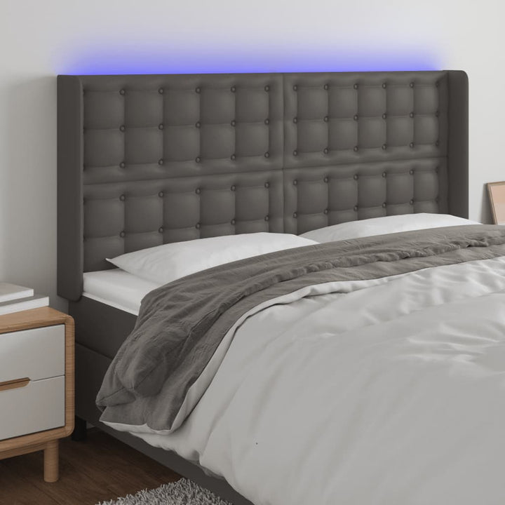sengegavl med LED-lys 147x16x118/128 cm kunstlæder grå