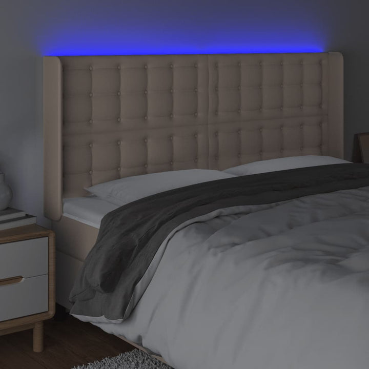 sengegavl med LED-lys 147x16x118/128 cm kunstlæder cappuccino