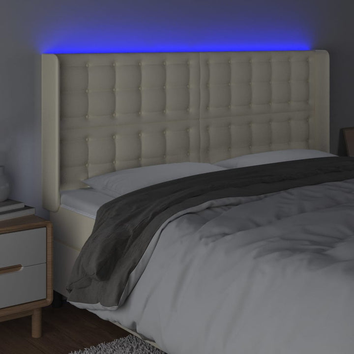 sengegavl med LED-lys 163x16x118/128 cm kunstlæder cremefarvet