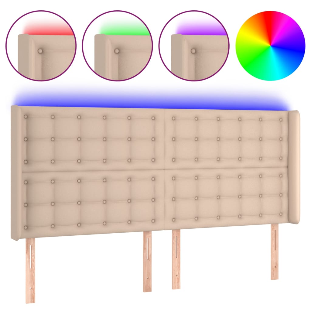 sengegavl med LED-lys 183x16x118/128 cm kunstlæder cappuccino