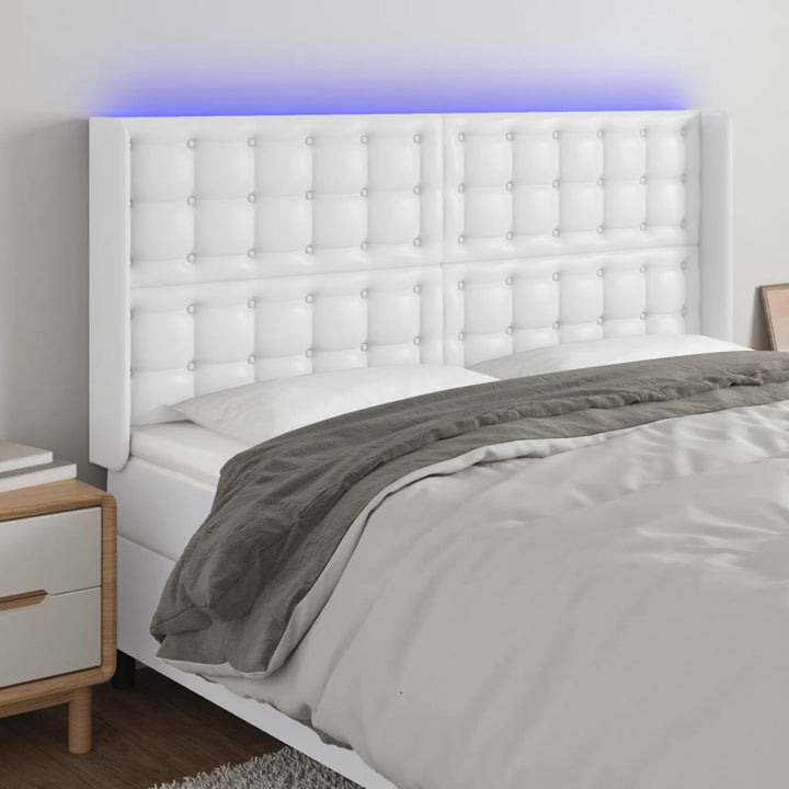 sengegavl med LED-lys 203x16x118/128 cm kunstlæder hvid