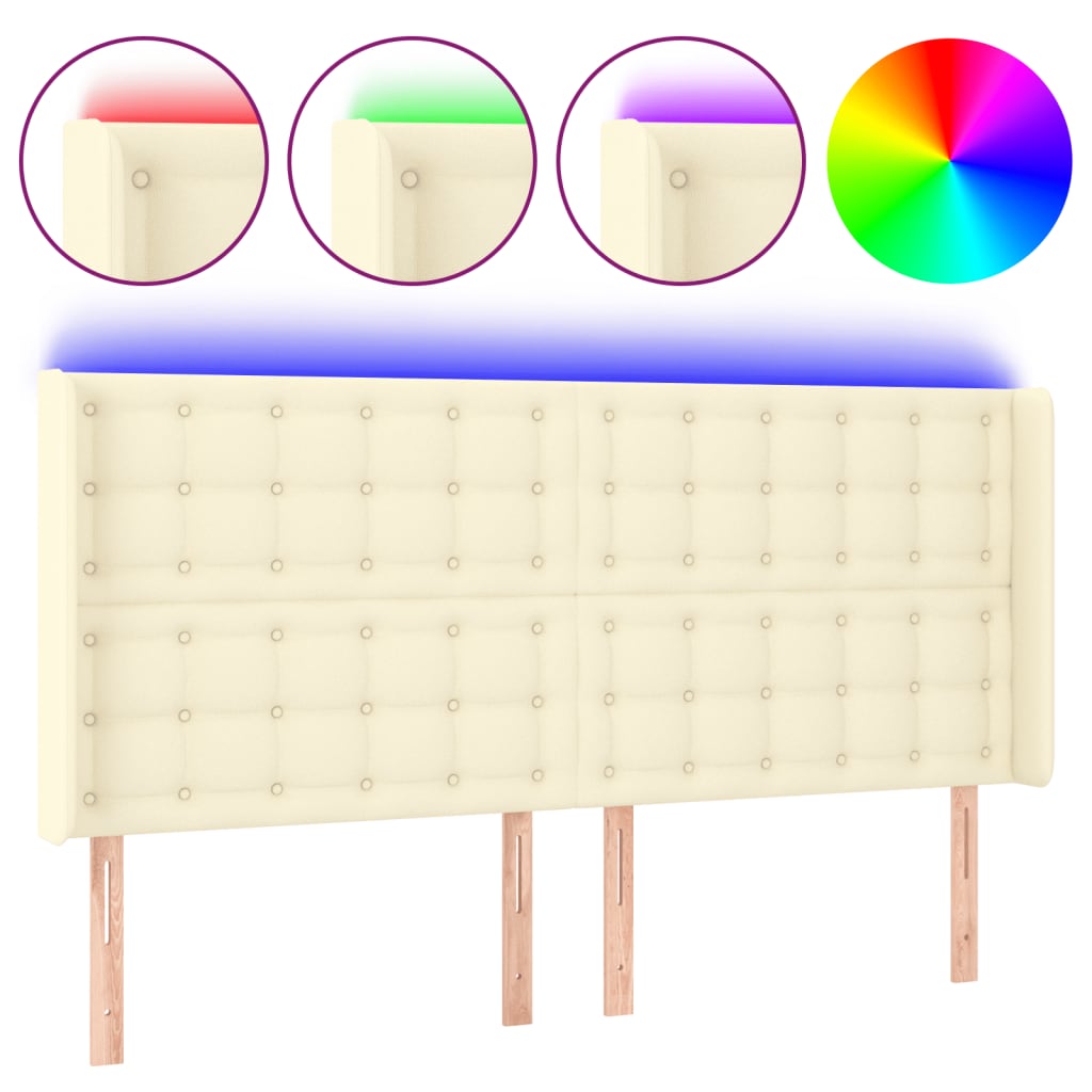 sengegavl med LED-lys 203x16x118/128 cm kunstlæder cremefarvet
