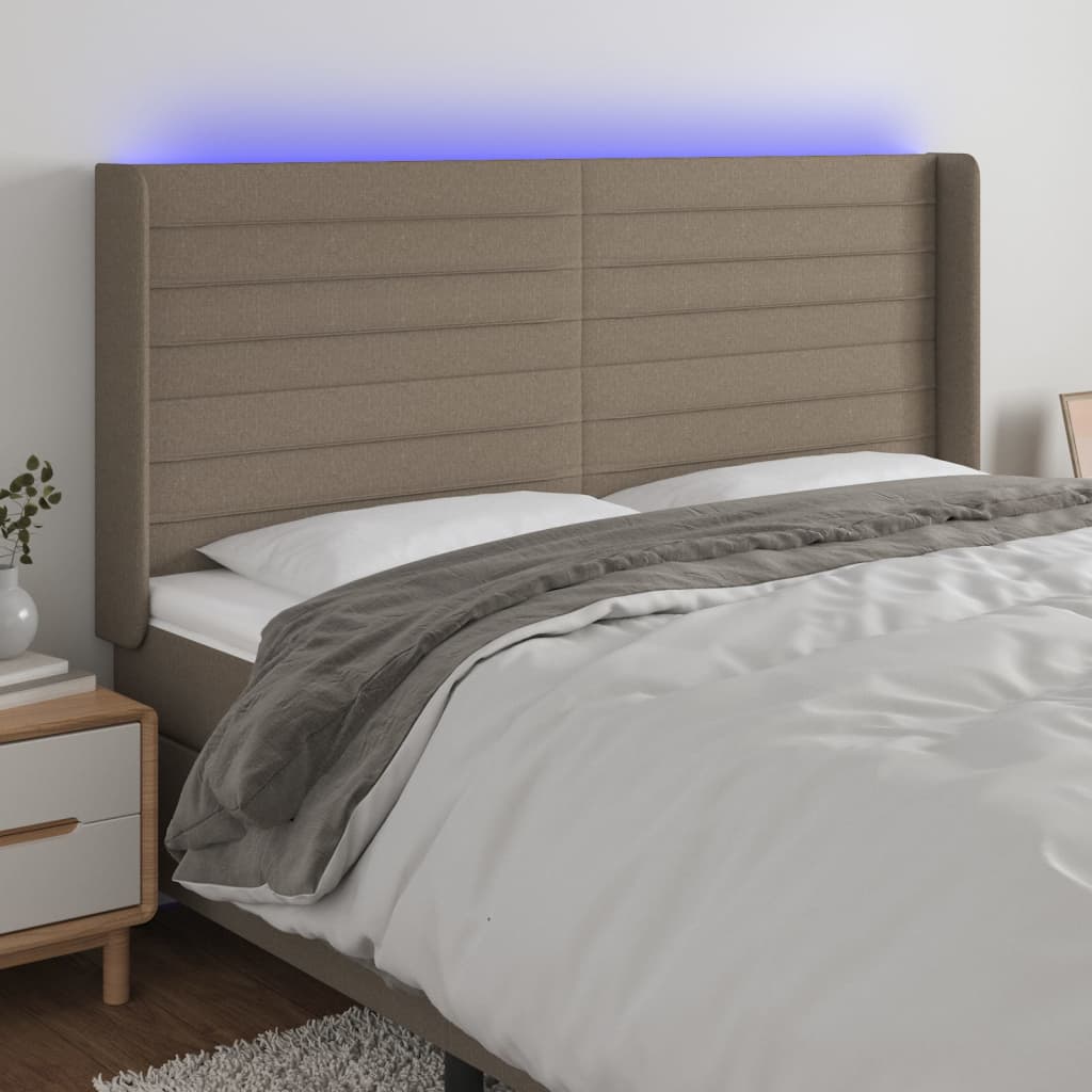 sengegavl med LED-lys 183x16x118/128 cm stof gråbrun