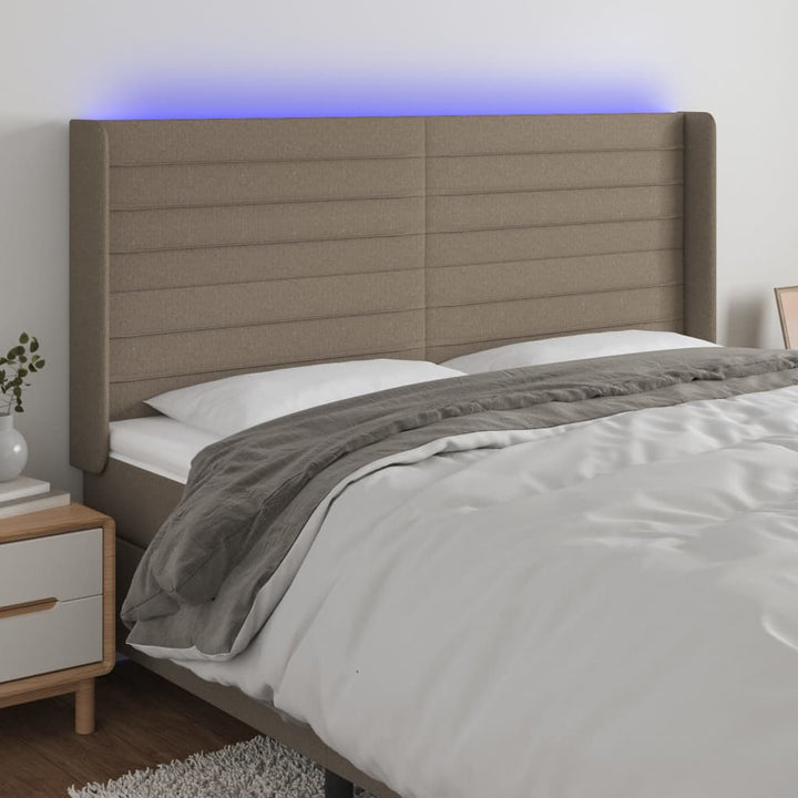 sengegavl med LED-lys 183x16x118/128 cm stof gråbrun