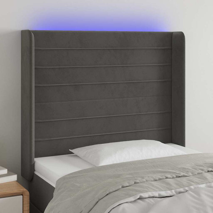 sengegavl med LED-lys 83x16x118/128 cm fløjl mørkegrå
