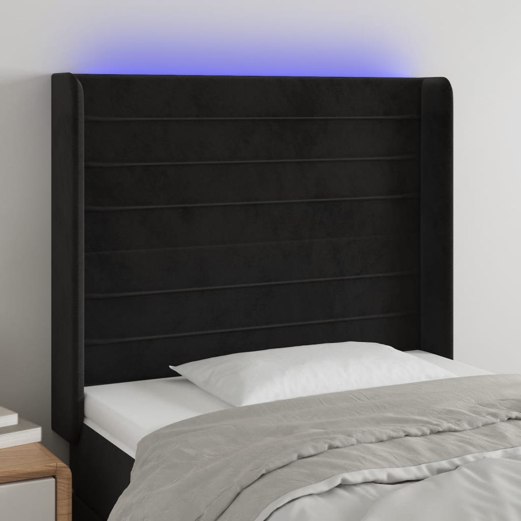 sengegavl med LED-lys 83x16x118/128 cm fløjl sort