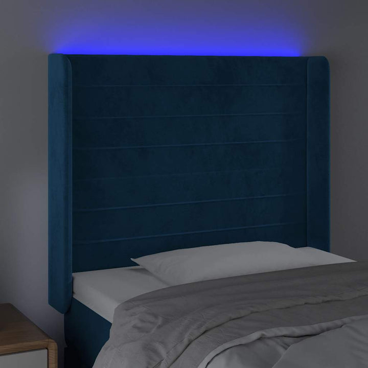 sengegavl med LED-lys 103x16x118/128 cm fløjl mørkeblå