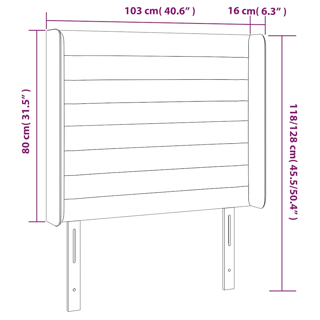 sengegavl med LED-lys 103x16x118/128 cm fløjl mørkeblå