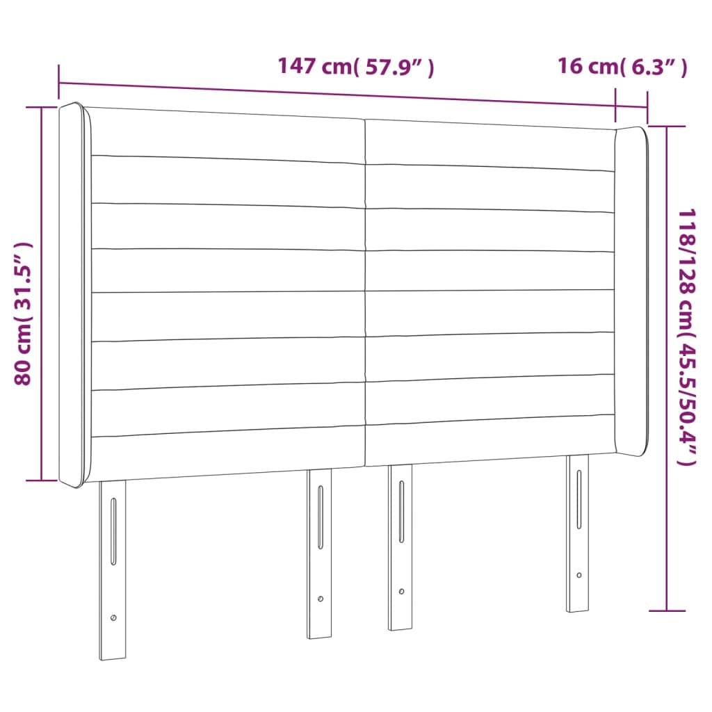 sengegavl med LED-lys 147x16x118/128 cm fløjl mørkegrå