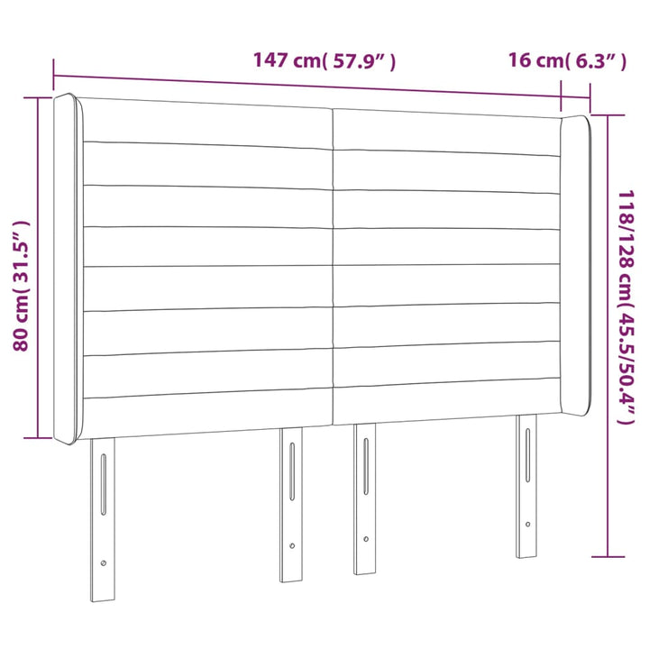 sengegavl med LED-lys 147x16x118/128 cm fløjl mørkegrå