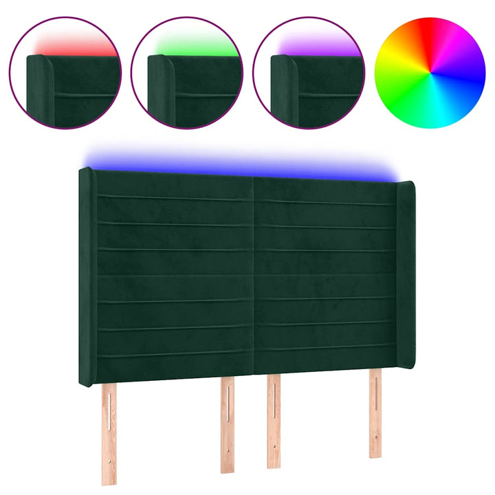 sengegavl med LED-lys 147x16x118/128 cm fløjl mørkegrøn