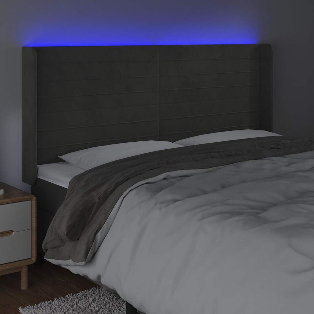 sengegavl med LED-lys 163x16x118/128 cm fløjl mørkegrå