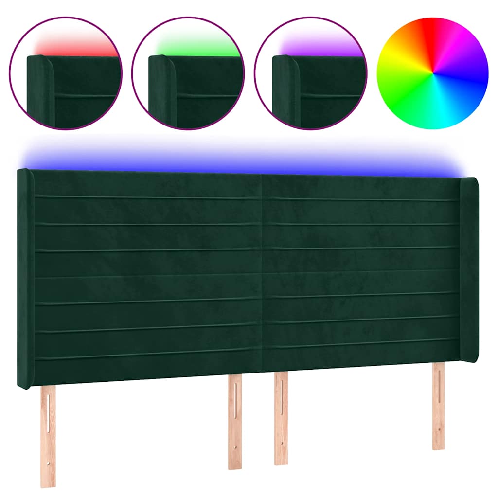 sengegavl med LED-lys 183x16x118/128 cm fløjl mørkegrøn