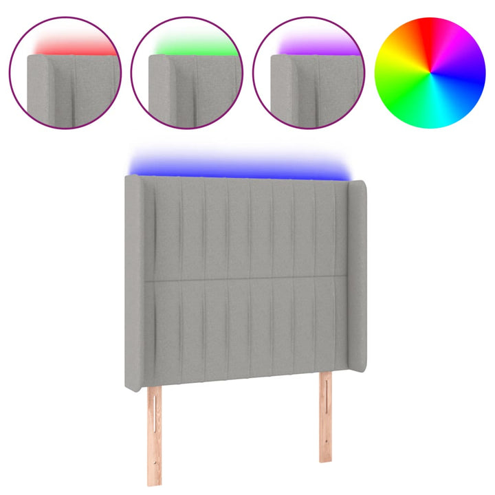 sengegavl med LED-lys 83x16x118/128 cm stof lysegrå