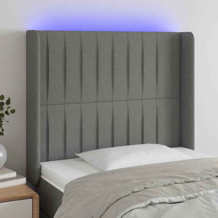 sengegavl med LED-lys 93x16x118/128 cm stof mørkegrå